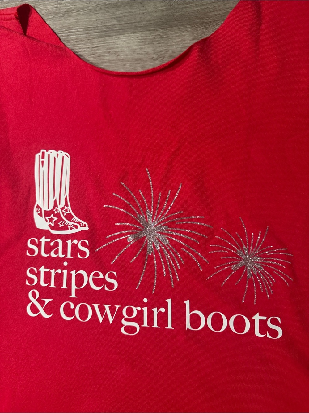 “Stars Stripes & Cowgirl Boots” Off-Shoulder Red Tee - Picture 7 of 8